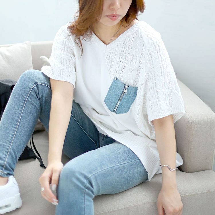 大きいサイズ レディース デニムポケット半袖ニット　sfe-0003
