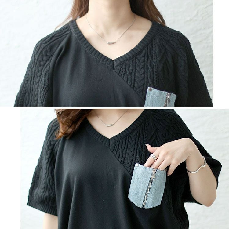 大きいサイズ レディース デニムポケット半袖ニット　sfe-0003