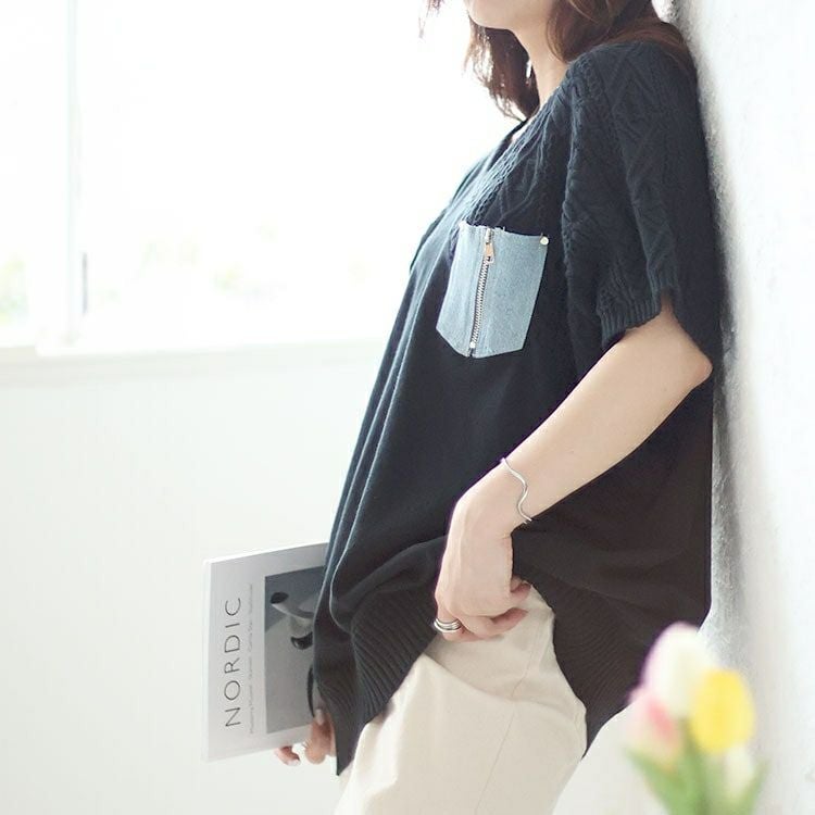 大きいサイズ レディース デニムポケット半袖ニット　sfe-0003