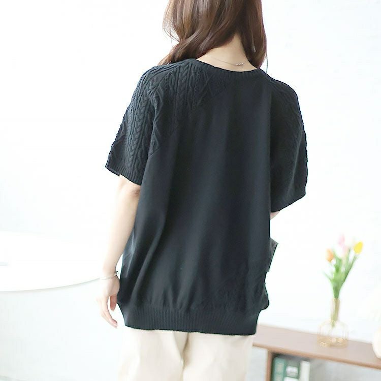 大きいサイズ レディース デニムポケット半袖ニット　sfe-0003