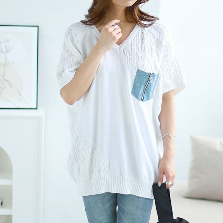 大きいサイズ レディース デニムポケット半袖ニット　sfe-0003