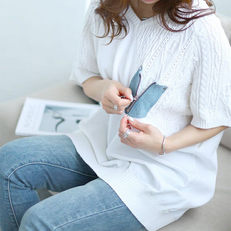 大きいサイズ レディース デニムポケット半袖ニット　sfe-0003