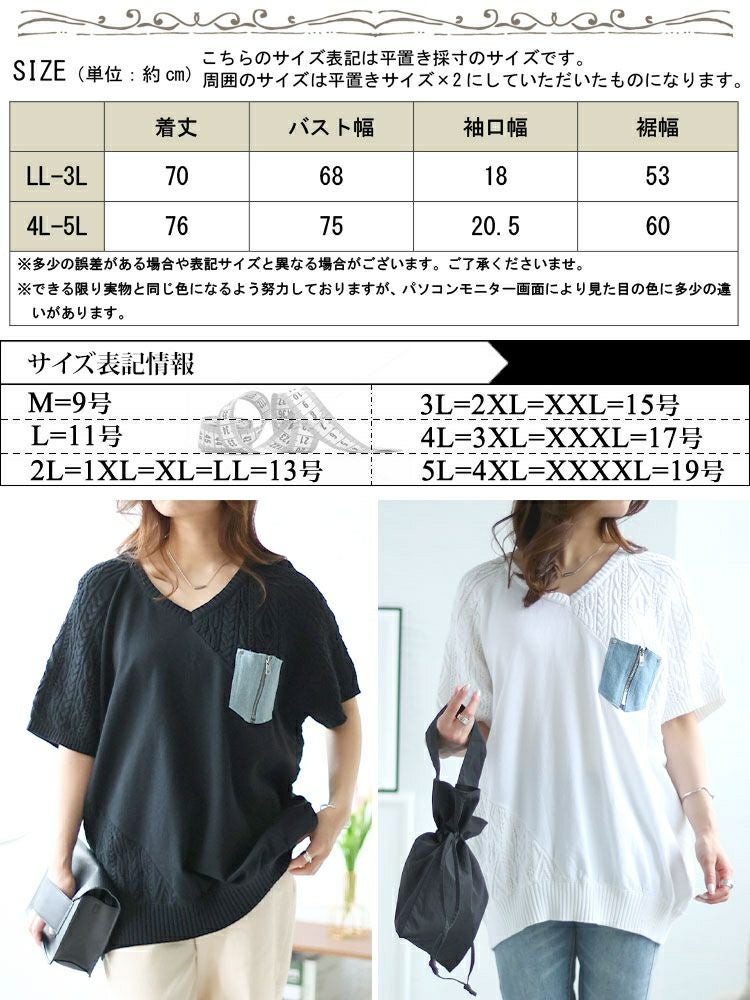 大きいサイズ レディース デニムポケット半袖ニット　sfe-0003