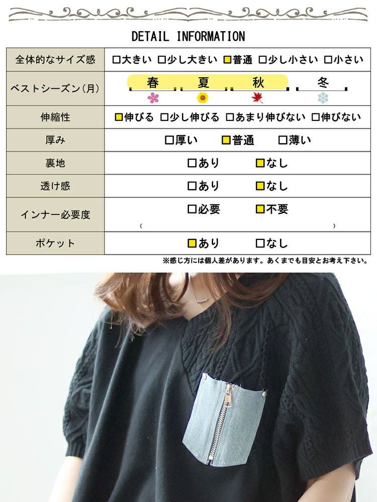 大きいサイズ レディース デニムポケット半袖ニット　sfe-0003