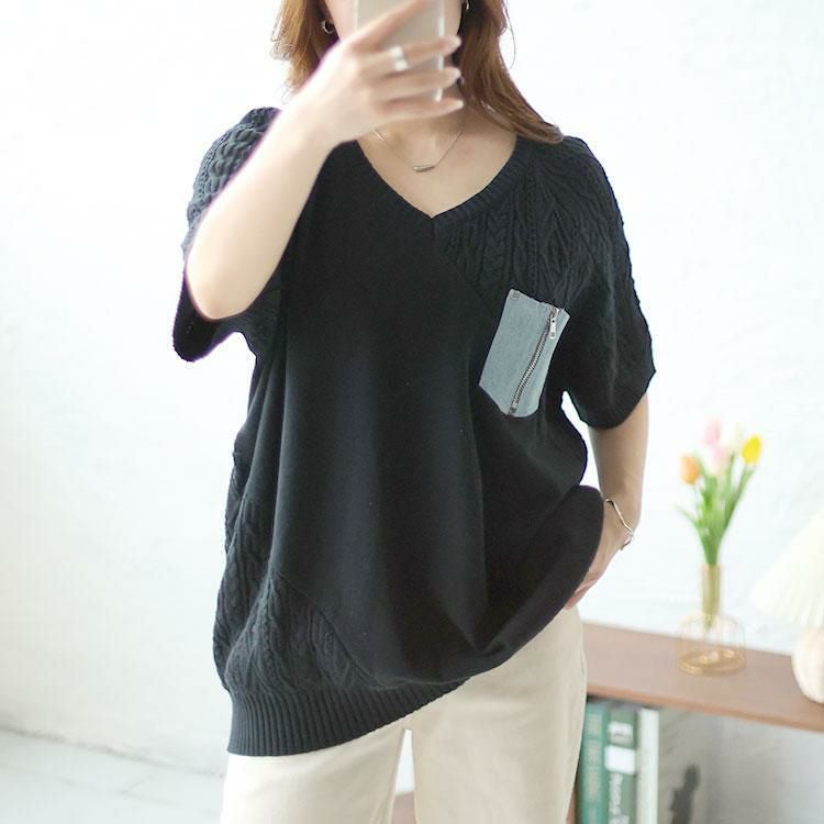 大きいサイズ レディース デニムポケット半袖ニット　sfe-0003 ブラック