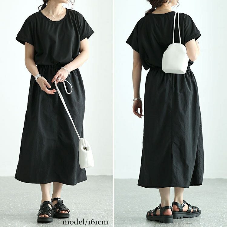 大きいサイズ レディース バックスリット異素材ドッキングワンピース　fem-477