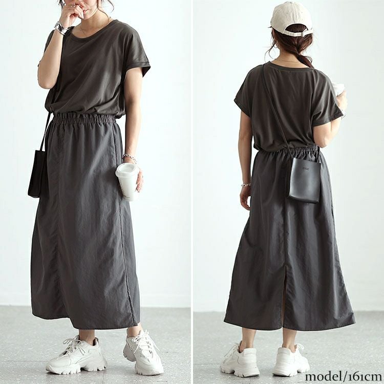 大きいサイズ レディース バックスリット異素材ドッキングワンピース　fem-477