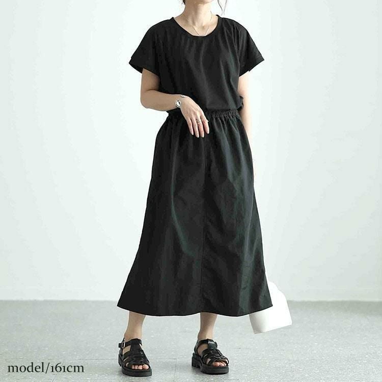 大きいサイズ レディース バックスリット異素材ドッキングワンピース　fem-477 ブラック