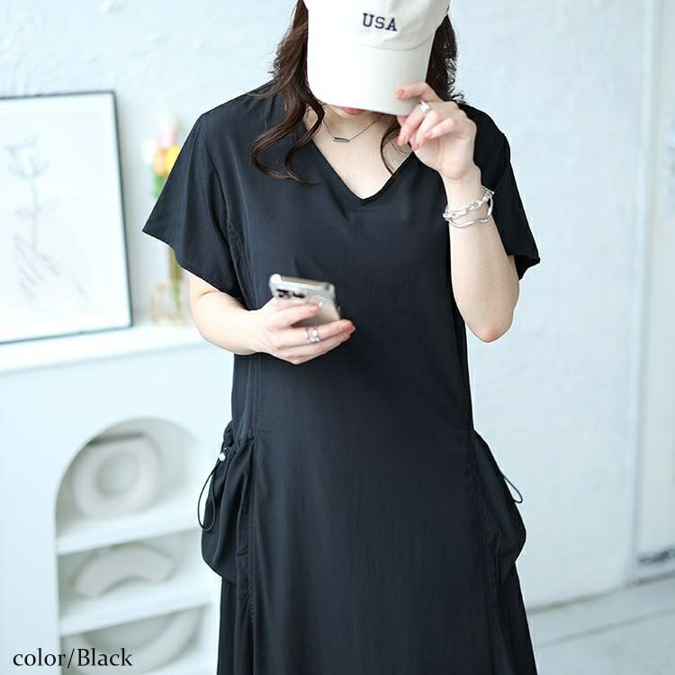 大きいサイズ レディース ドロストボリュームポケットワンピース　fem-473 【メール便可】