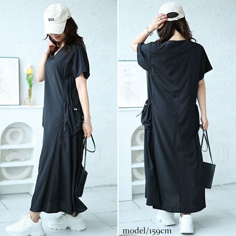 大きいサイズ レディース ドロストボリュームポケットワンピース　fem-473 【メール便可】