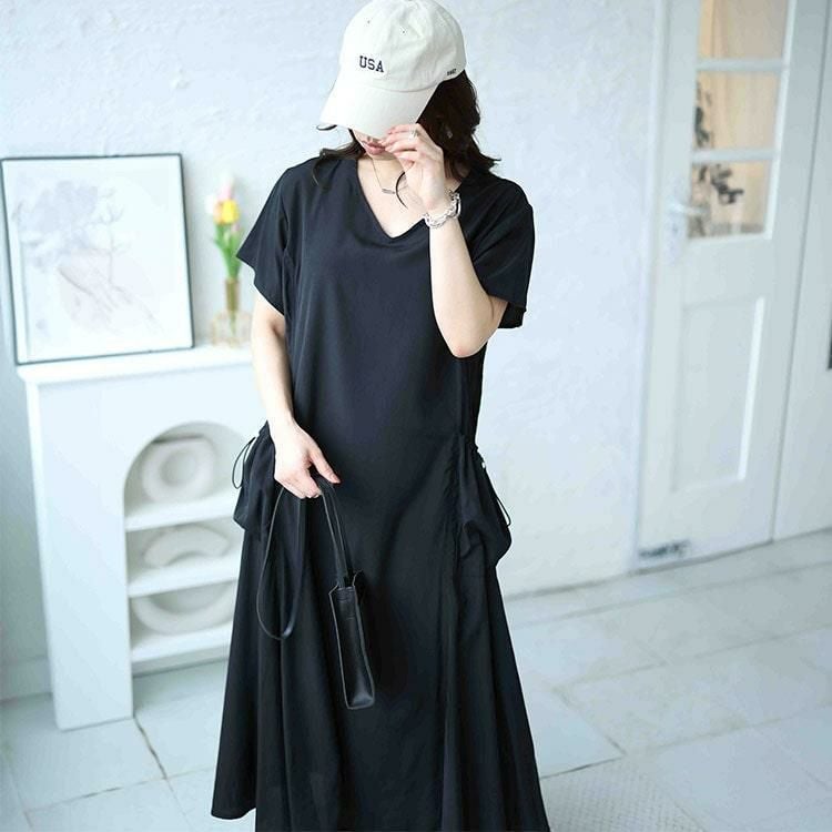 大きいサイズ レディース ドロストボリュームポケットワンピース　fem-473 【メール便可】 ブラック