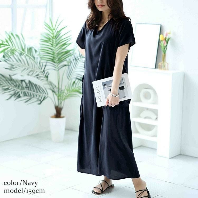 大きいサイズ レディース ドロストボリュームポケットワンピース　fem-473 【メール便可】 ネイビー