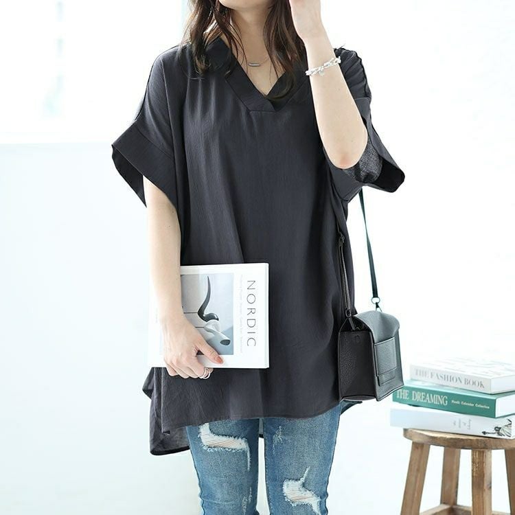 大きいサイズ レディース Vネックタックドルマンチュニック　fem-472 【メール便可】