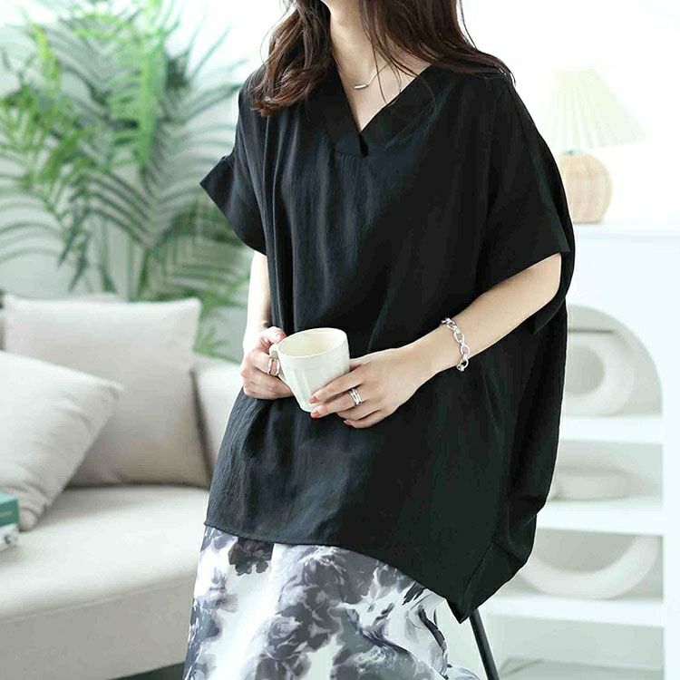 大きいサイズ レディース Vネックタックドルマンチュニック　fem-472 【メール便可】