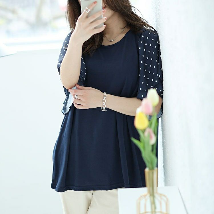 大きいサイズ レディース ドットフレアスリーブプルオーバー　mncut-142033 【メール便可】