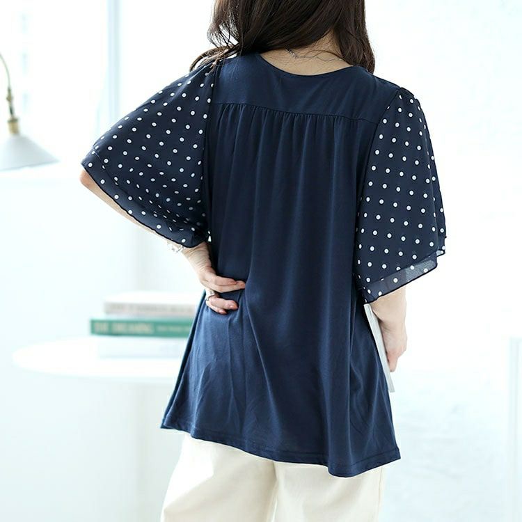 大きいサイズ レディース ドットフレアスリーブプルオーバー　mncut-142033 【メール便可】