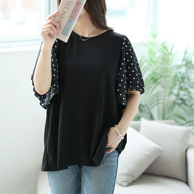 大きいサイズ レディース ドットフレアスリーブプルオーバー　mncut-142033 【メール便可】