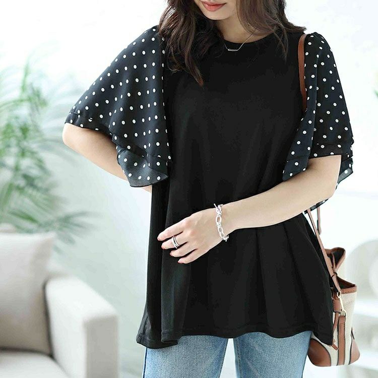 大きいサイズ レディース ドットフレアスリーブプルオーバー　mncut-142033 【メール便可】