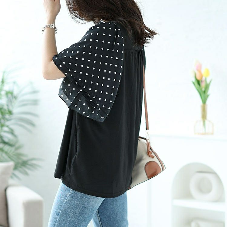 大きいサイズ レディース ドットフレアスリーブプルオーバー　mncut-142033 【メール便可】