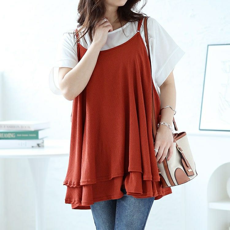 大きいサイズ レディース 楊柳ティアードロングキャミソール　mncut-142031