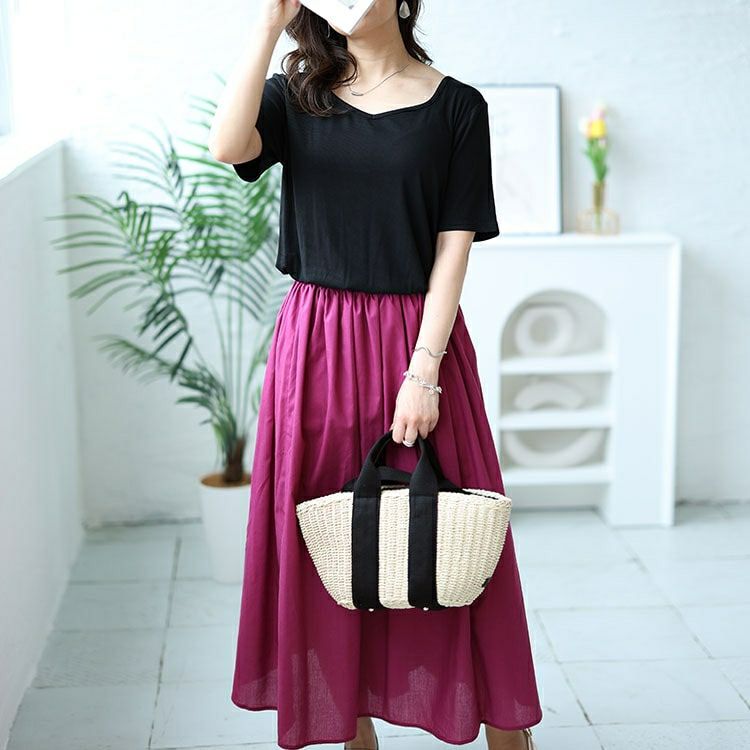 大きいサイズ レディース ダイヤモンドネックドッキングリブワンピース　nw-24021