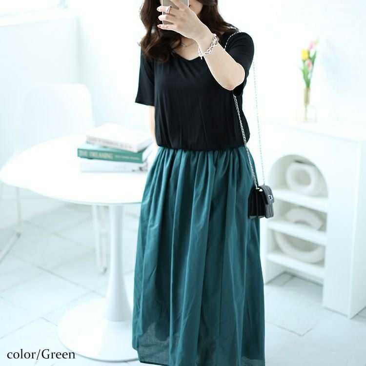 大きいサイズ レディース ダイヤモンドネックドッキングリブワンピース　nw-24021