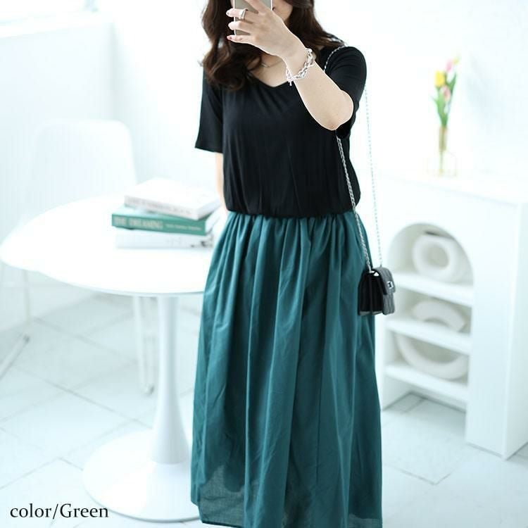 大きいサイズ レディース ダイヤモンドネックドッキングリブワンピース　nw-24021 グリーン