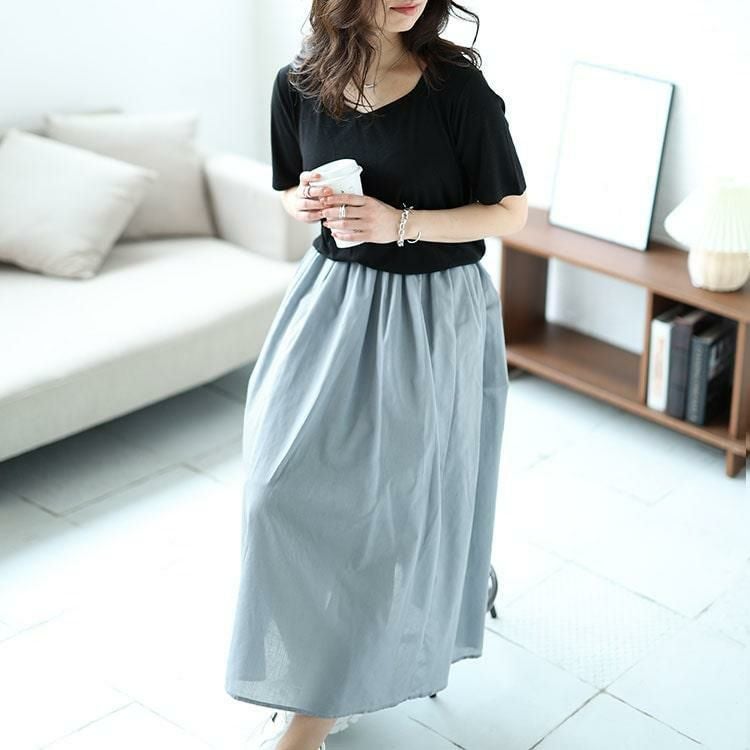 大きいサイズ レディース ダイヤモンドネックドッキングリブワンピース　nw-24021 サックス