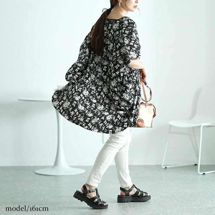 大きいサイズ レディース 花柄プリントドルマンチュニックブラウス nw