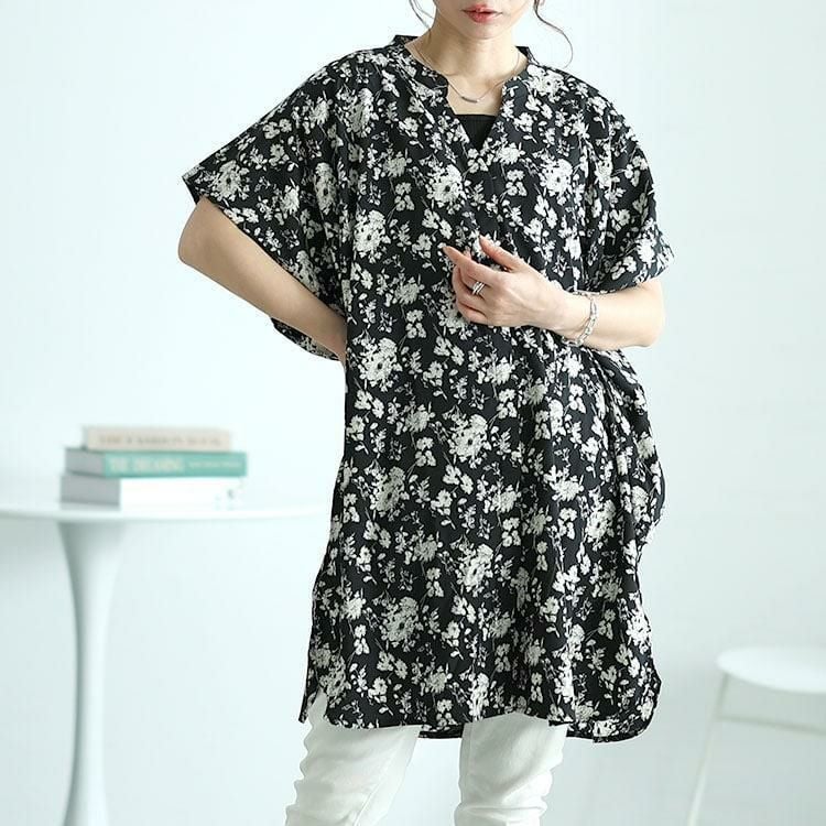 大きいサイズ レディース 花柄プリントドルマンチュニックブラウス　nw-24020 【メール便可】 ブラック