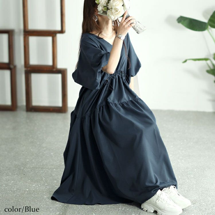 大きいサイズ レディース バルーンスリーブドロストギャザーワンピース　nw-24019