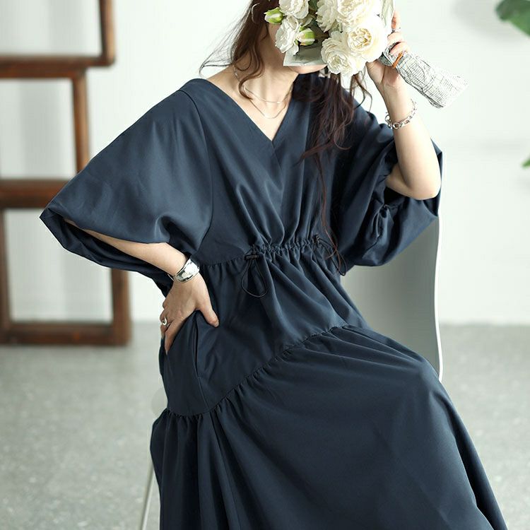 大きいサイズ レディース バルーンスリーブドロストギャザーワンピース　nw-24019