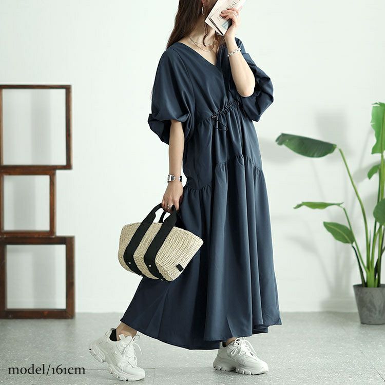大きいサイズ レディース バルーンスリーブドロストギャザーワンピース　nw-24019