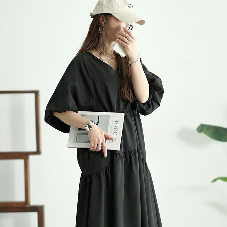 大きいサイズ レディース バルーンスリーブドロストギャザーワンピース　nw-24019