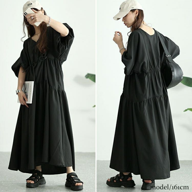 大きいサイズ レディース バルーンスリーブドロストギャザーワンピース　nw-24019