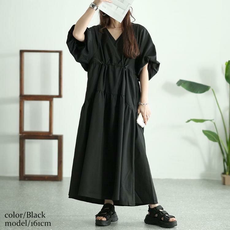 大きいサイズ レディース バルーンスリーブドロストギャザーワンピース　nw-24019 ブラック