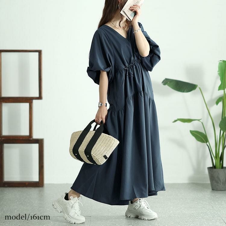 大きいサイズ レディース バルーンスリーブドロストギャザーワンピース　nw-24019 ブルー