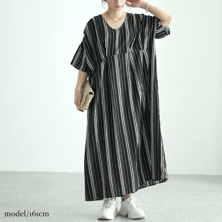 大きいサイズ レディース ストライプタックワンピース　nw-24018 ブラック