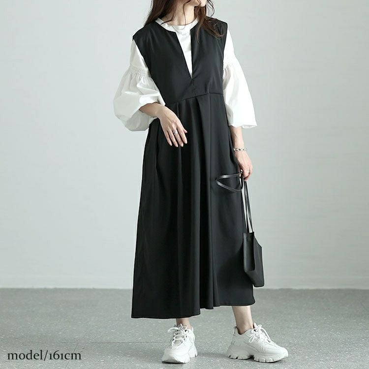 大きいサイズ レディース キーネックタックジャンパースカート　nw-24015