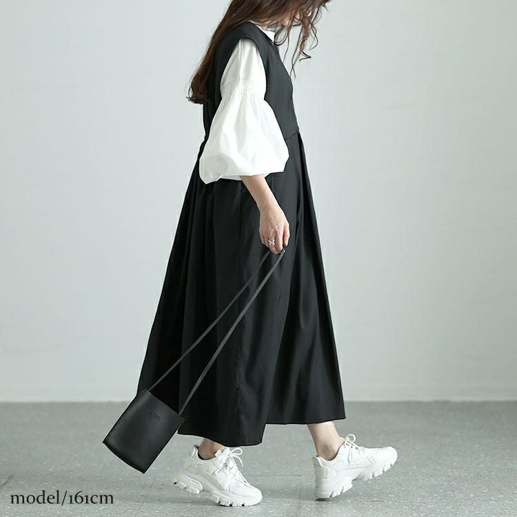 大きいサイズ レディース キーネックタックジャンパースカート　nw-24015