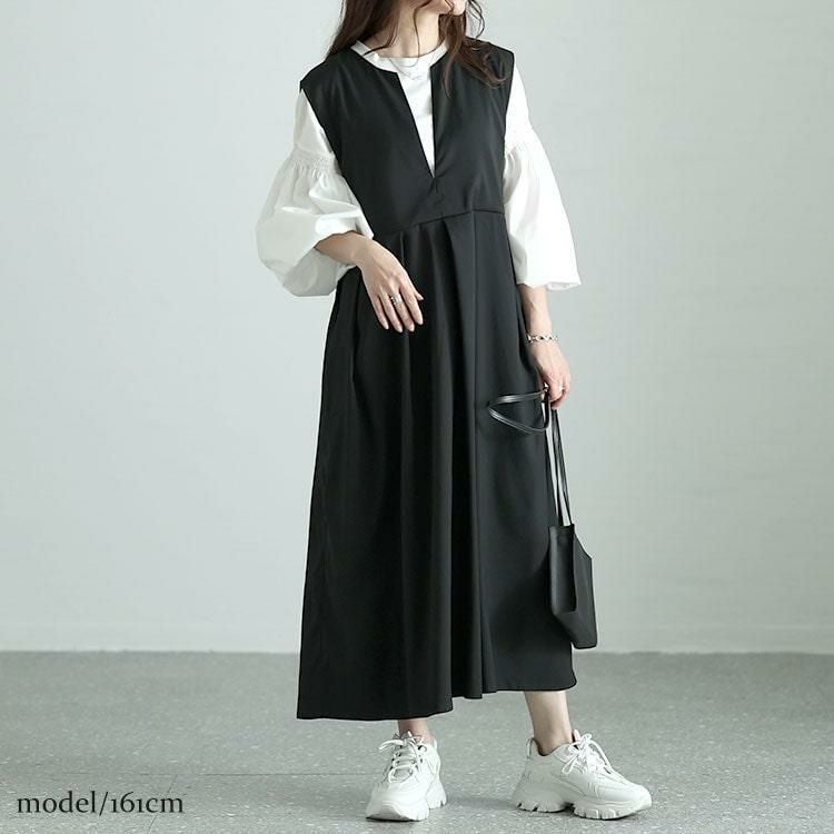 大きいサイズ レディース キーネックタックジャンパースカート　nw-24015 ブラック