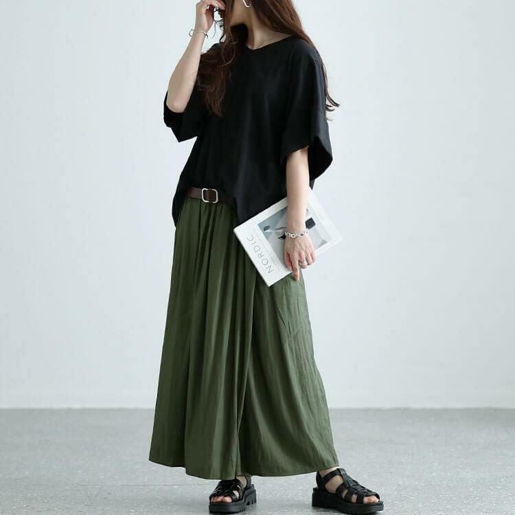 大きいサイズ レディース ラップギャザースカーチョ　nw-24011 カーキ