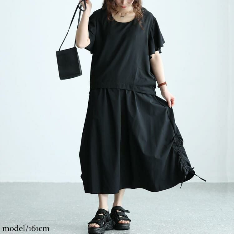 大きいサイズ レディース レイヤード風ブラウジンングワンピース　nw-24010 ブラック