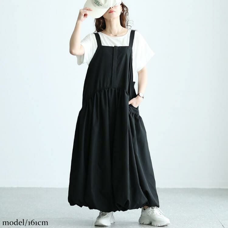 大きいサイズ レディース ギャザーバルーンキャミワンピース　nw-24009 ブラック