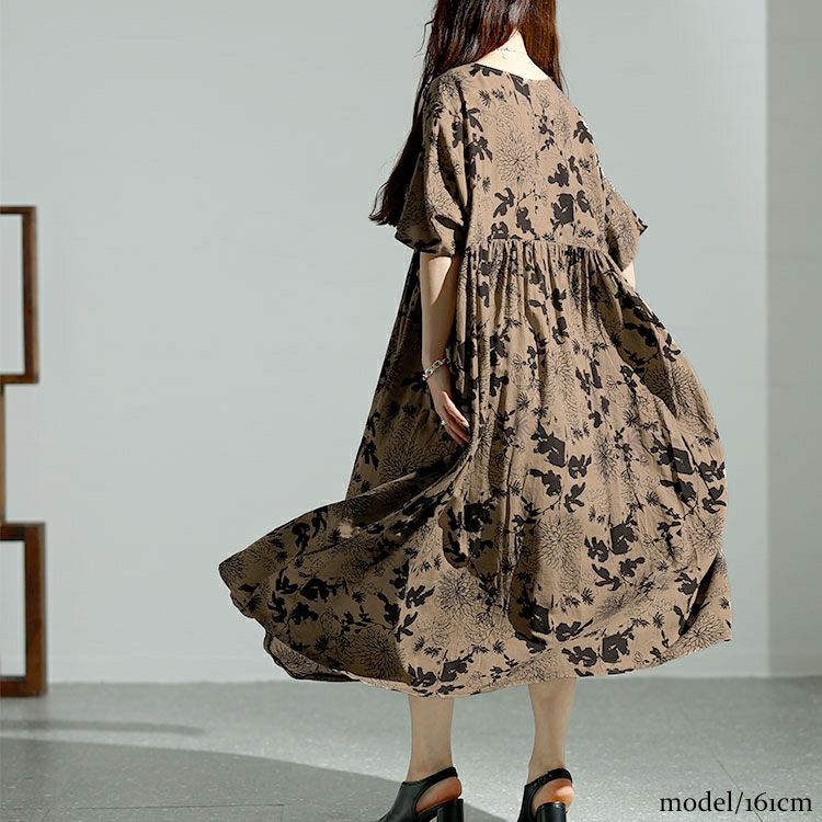 大きいサイズ レディース フラワープリントギャザーワンピース　goldy-1475 【メール便可】