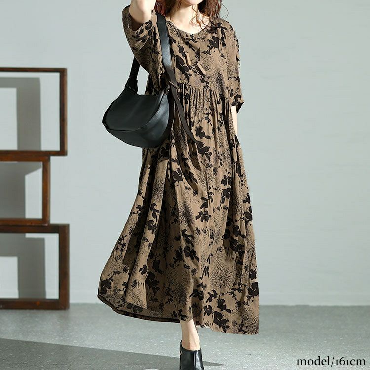 大きいサイズ レディース フラワープリントギャザーワンピース　goldy-1475 【メール便可】