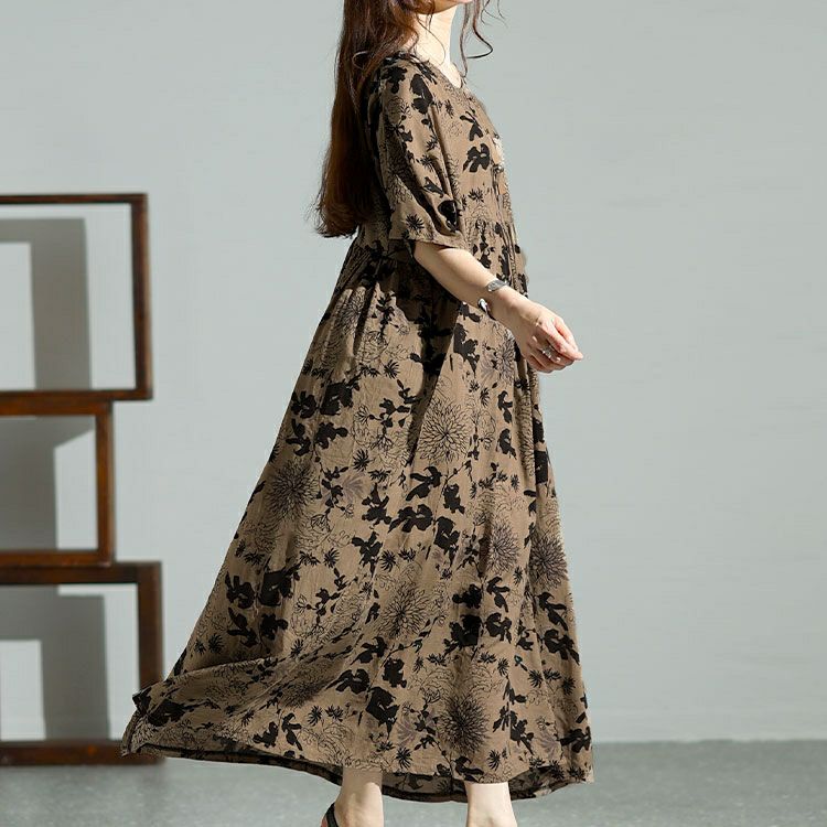 大きいサイズ レディース フラワープリントギャザーワンピース　goldy-1475 【メール便可】