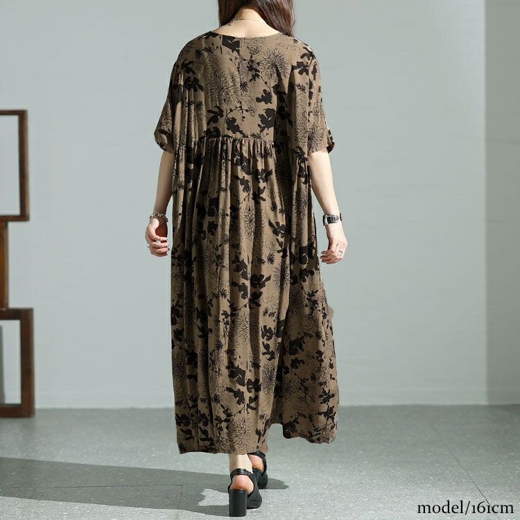 大きいサイズ レディース フラワープリントギャザーワンピース　goldy-1475 【メール便可】