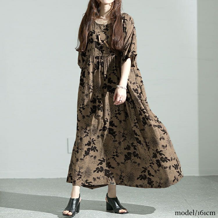 大きいサイズ レディース フラワープリントギャザーワンピース　goldy-1475 【メール便可】