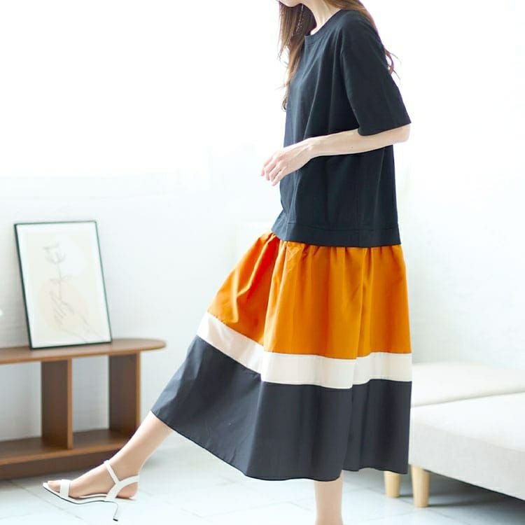 大きいサイズ レディース 配色切替えロングワンピース　goldy-1460 【メール便可】